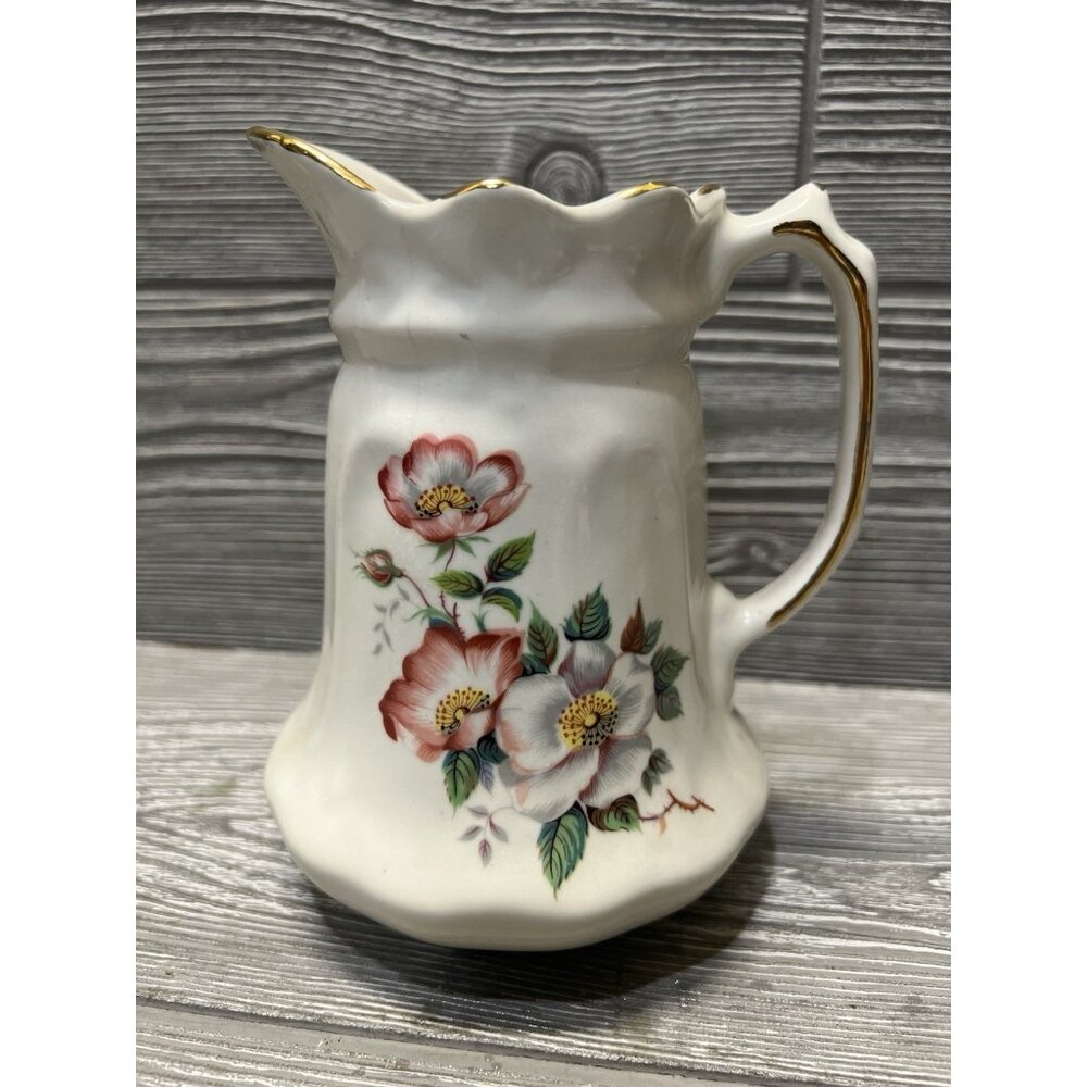 Vintage House of Webster White Pitcher Pink Briar Rose Floral Gold Trim USA